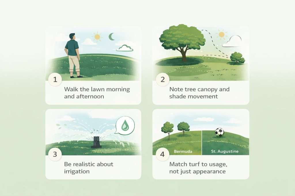 Dallas lawn grass selection steps based on sun shade irrigation and usage