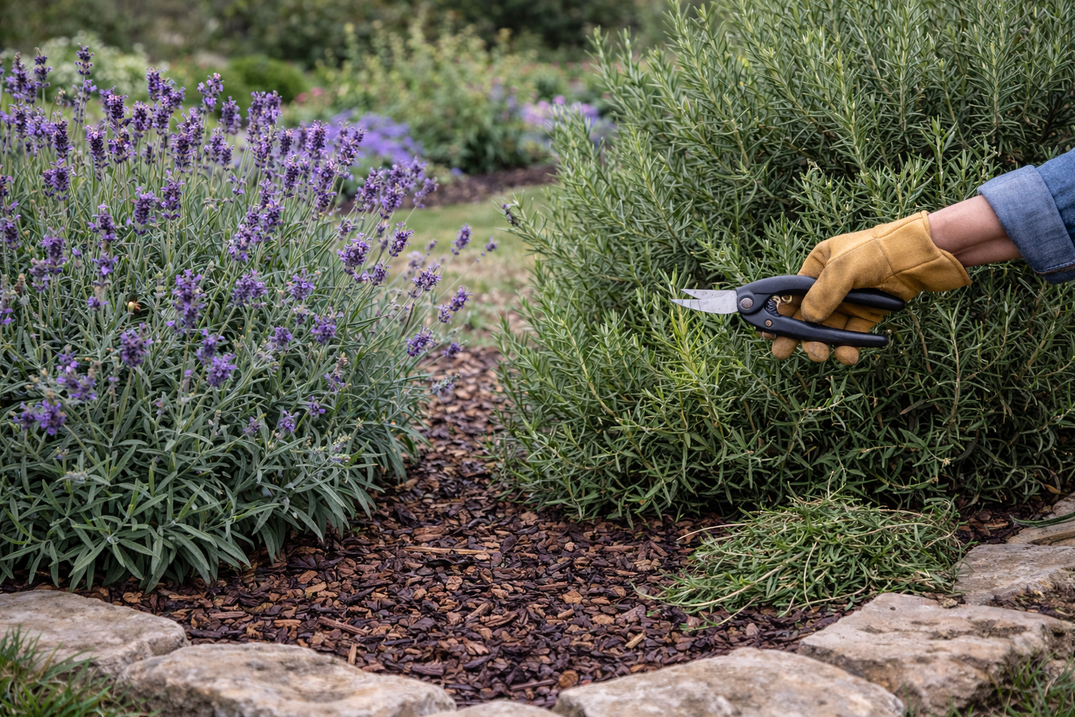 Lavender and rosemary requiring careful spring pruning in a North Texas landscape