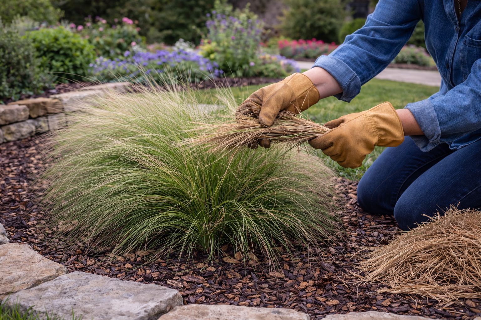 Removing dead blades from Mexican feather grass during spring pruning in a North Texas landscape