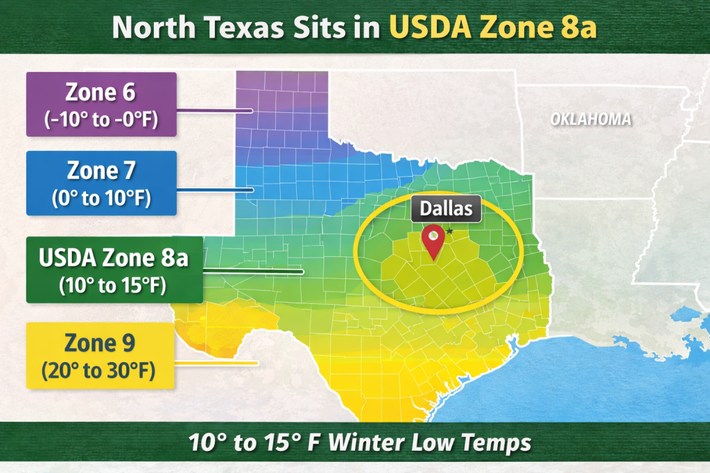 USDA Plant Hardiness Zone map showing Dallas located in Zone 8a in North Texas