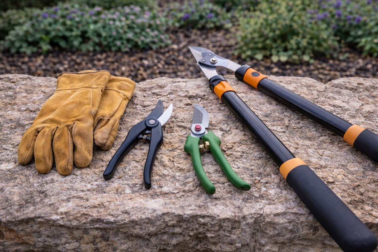 Proper pruning tools for spring perennial maintenance including hand pruners loppers and gloves in a North Texas garden
