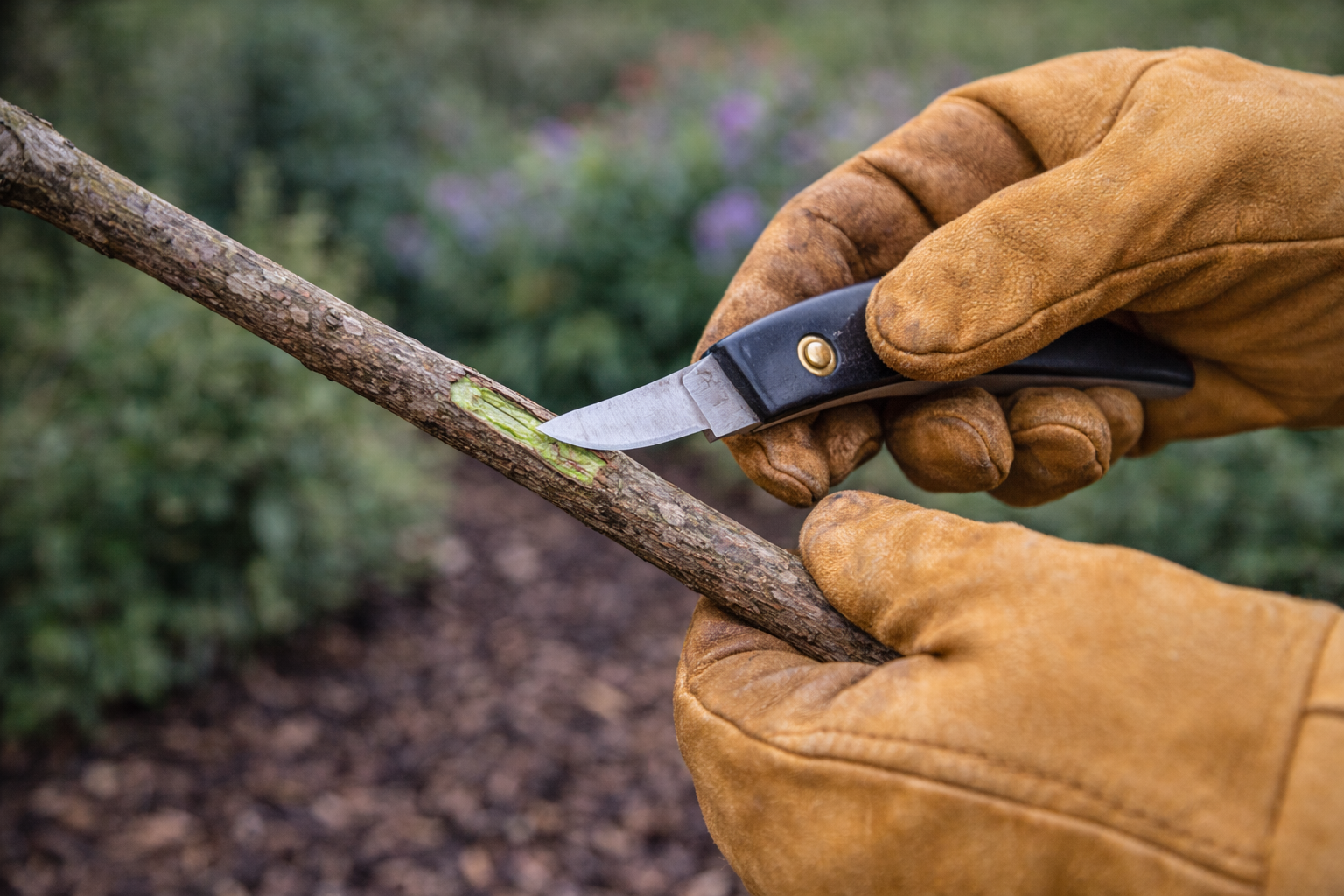 Using the scratch test to confirm live plant tissue before pruning in a North Texas landscape