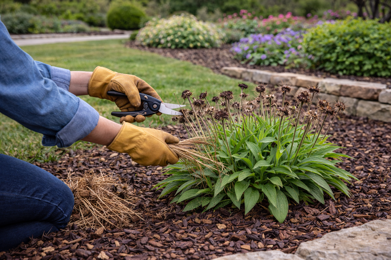 Spring cleanup of coneflower with dead stems removed while protecting new growth in a North Texas garden