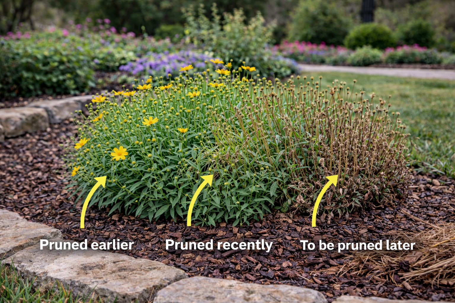 Staggered pruning approach showing plants pruned at different times in a North Texas landscape