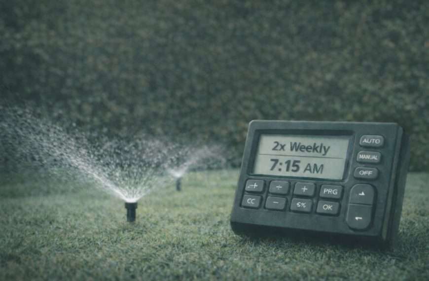 City of Dallas lawn watering schedule irrigation system set for twice weekly watering with sprinkler heads running in a residential lawn