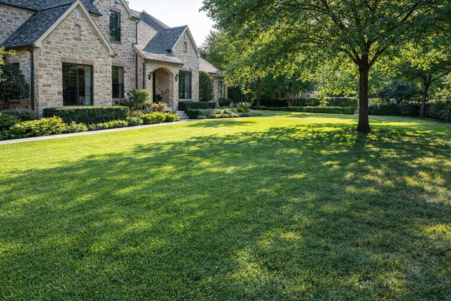 Dallas lawn with tree shade and full sun areas showing conditions for choosing the right grass type