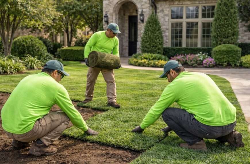 Sod installation near me in Dallas showing landscapers installing new lawn at residential property