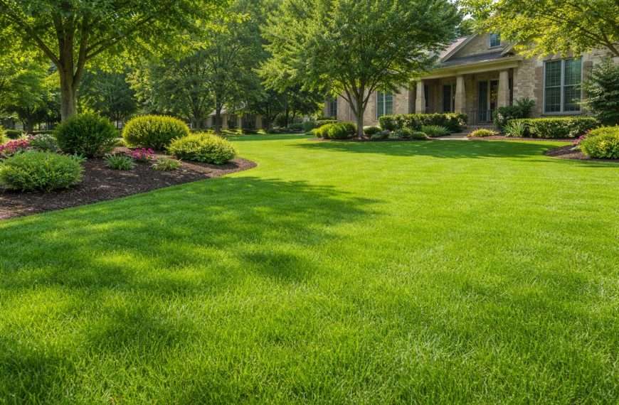 healthy residential lawn in North Texas during spring with landscape beds and green turf