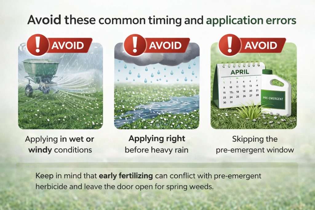 Infographic showing common spring lawn fertilizing mistakes including wet conditions, heavy rain, and missing the pre-emergent window