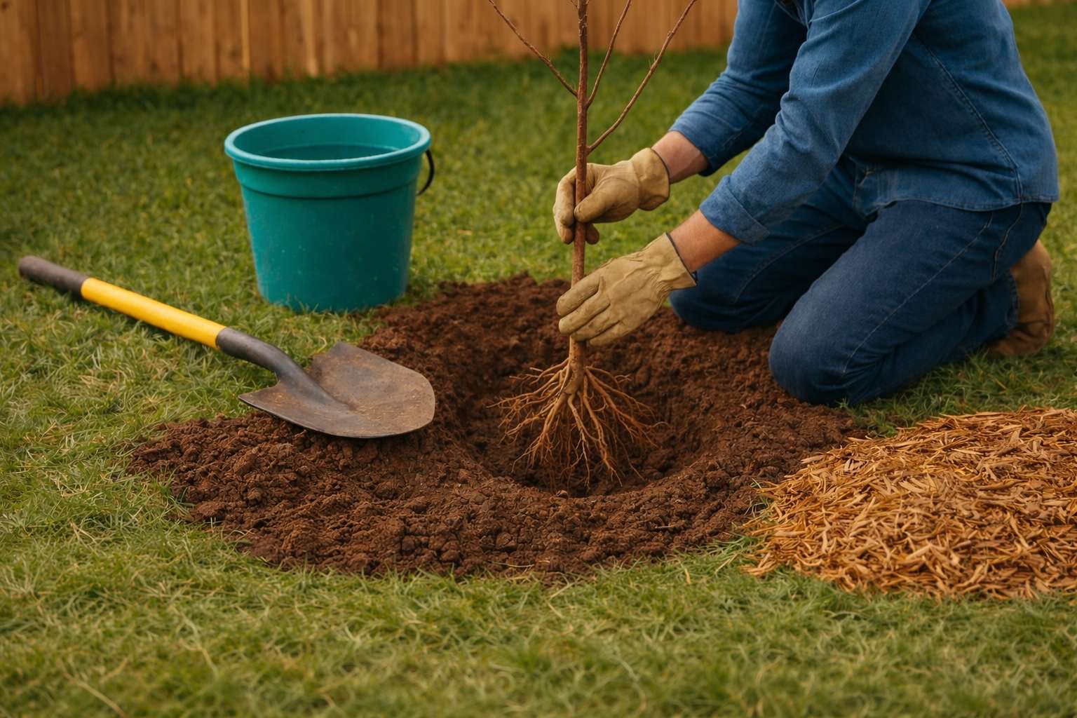 Planting a bare-root tree in a backyard with proper hole depth and root placement in Dallas, Texas