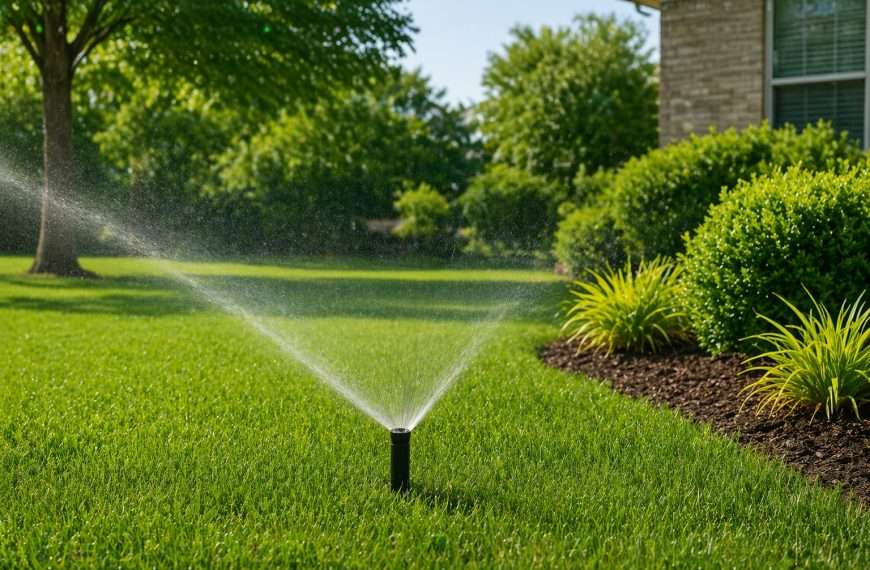 Sprinkler head watering lawn evenly across multiple zones in residential yard in Dallas Texas