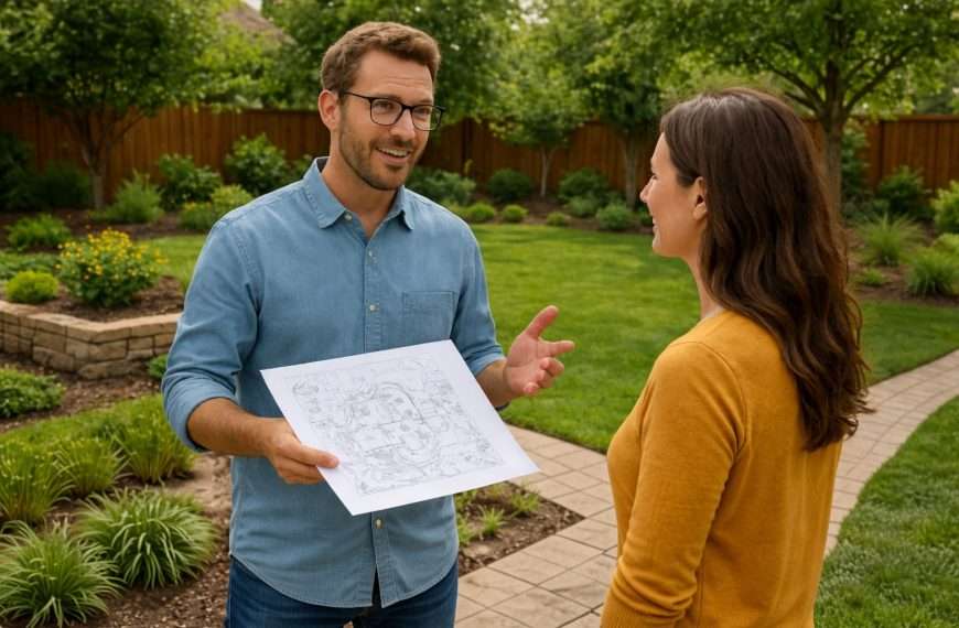 Landscape designer discussing backyard design plans with homeowner during consultation in Dallas Texas