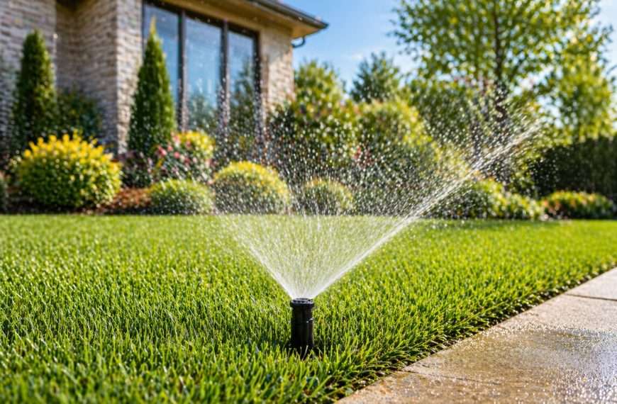 Sprinkler head spraying evenly across lawn during irrigation system checkup in Dallas Texas