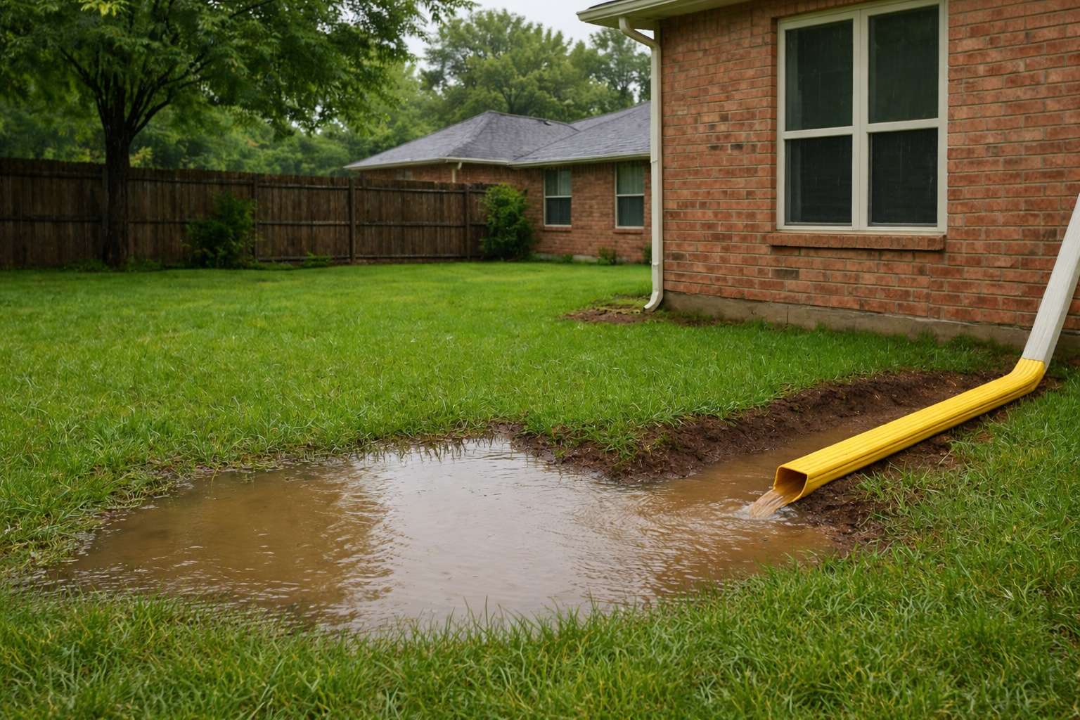 Standing water in backyard caused by poor drainage near downspout in Dallas Texas