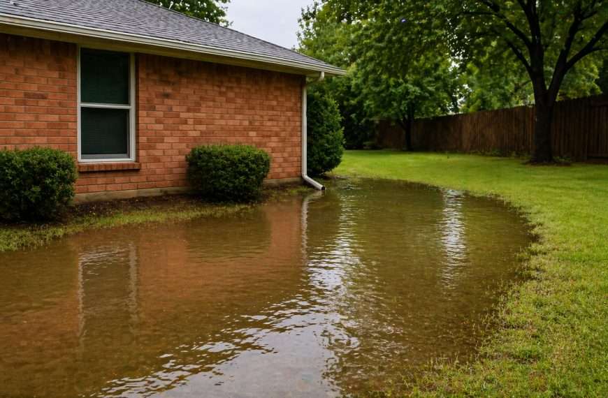 Backyard flooding near home foundation after heavy rain in Dallas Texas