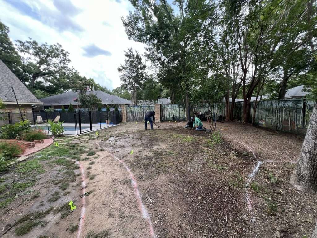 Dallas backyard site preparation with curved lawn and walkway layout